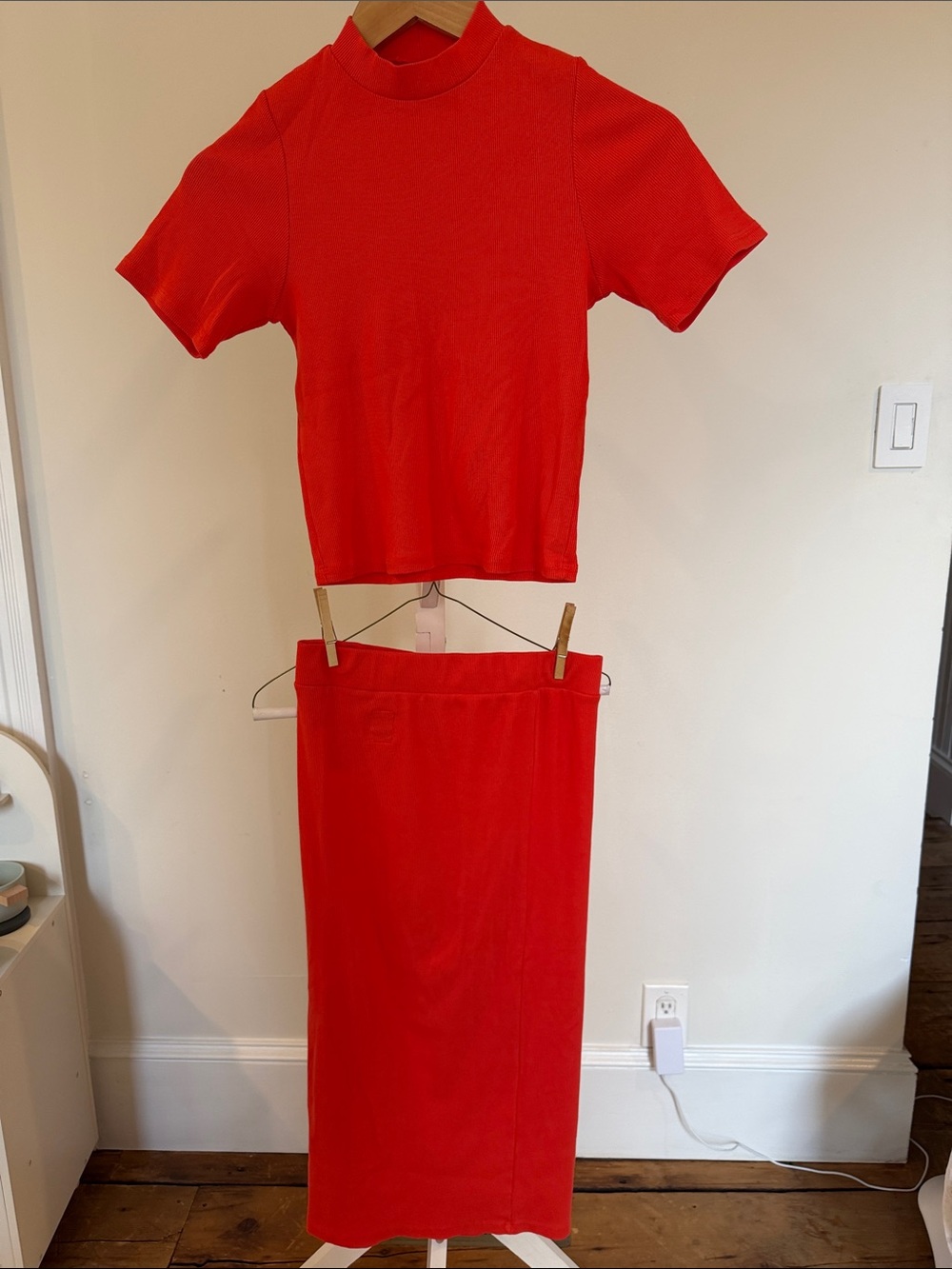NSF Red Two-Piece Knit Set - Short Sleeve Mockneck Top & Midi Skirt